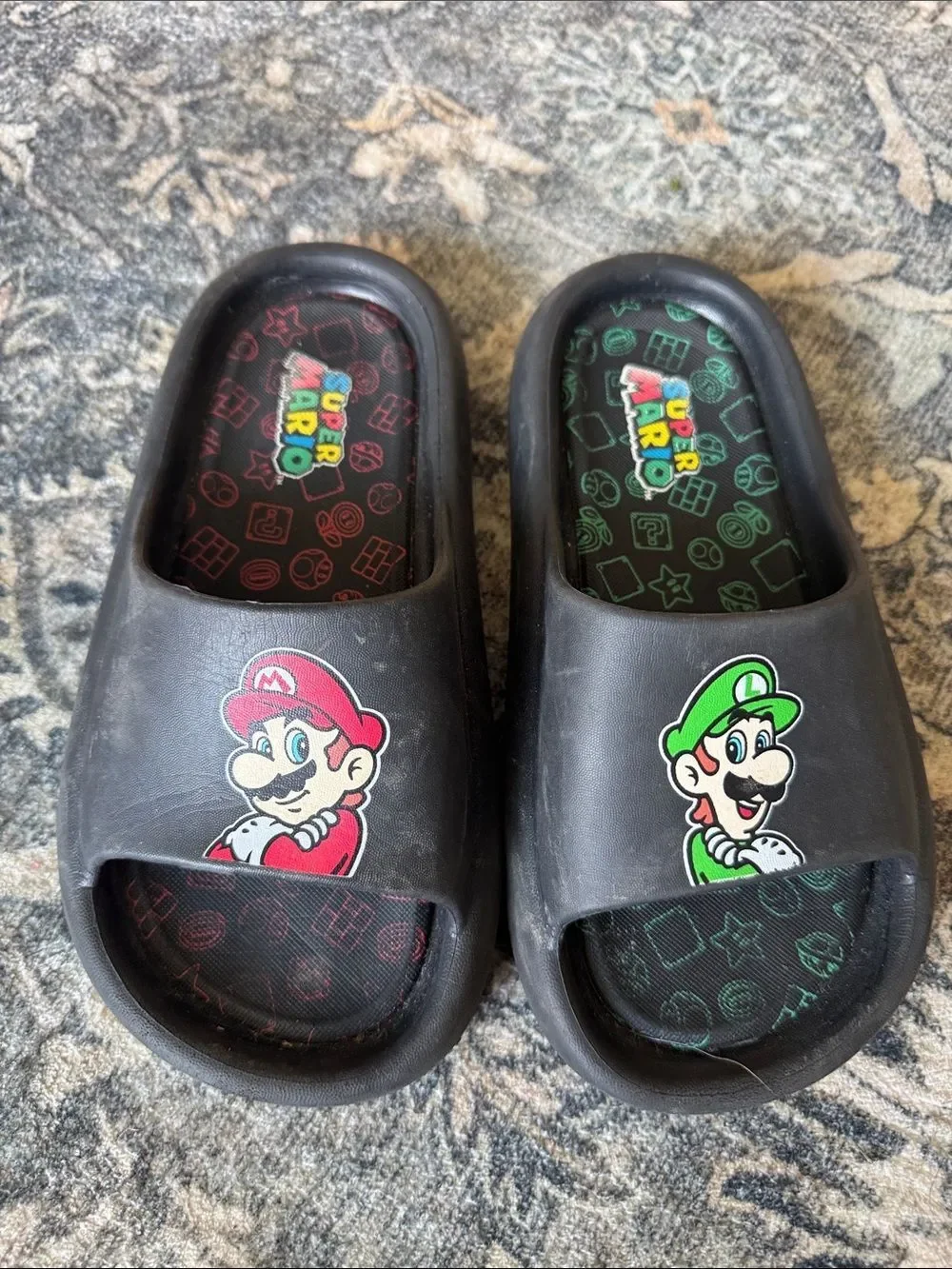 Nintendo Boys Black Slides with Red Mario & Green Luigi